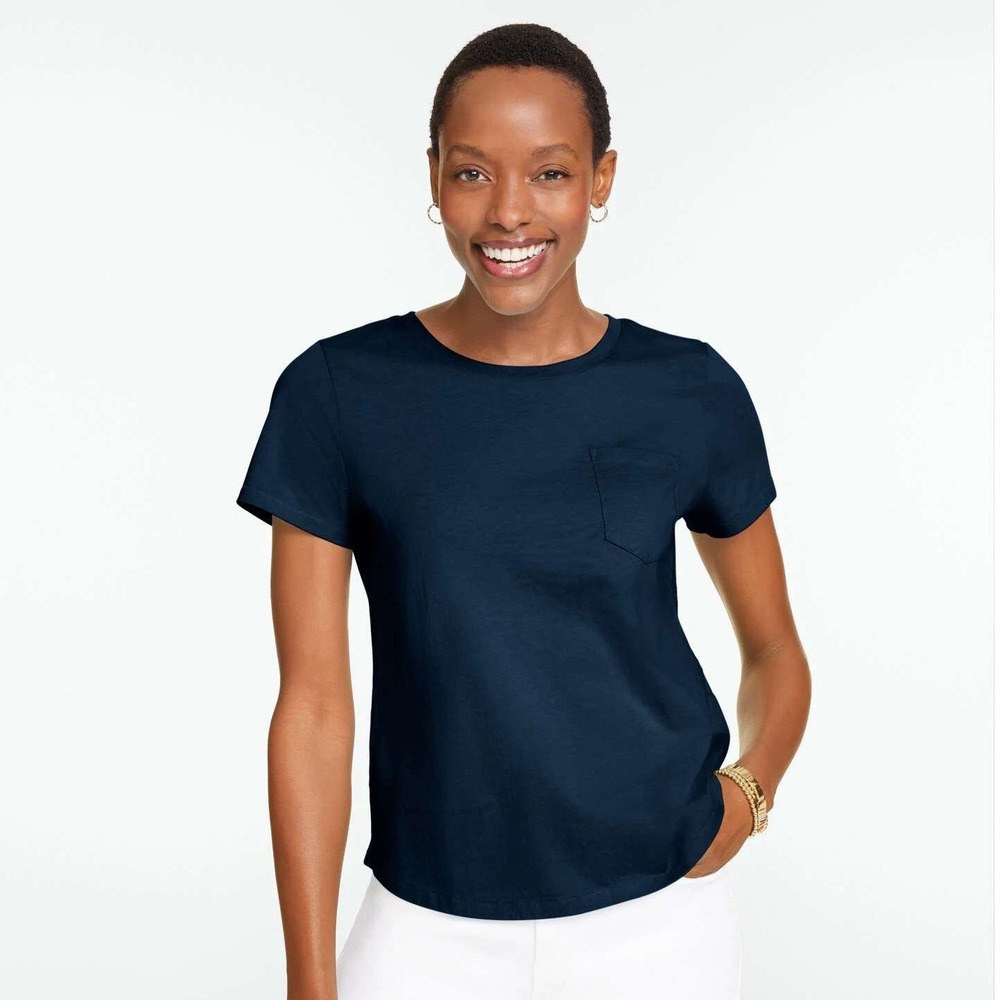 Talbots Navy Blue Pocket Tee; Short Sleeve 100% Cotton Slub Knit Top